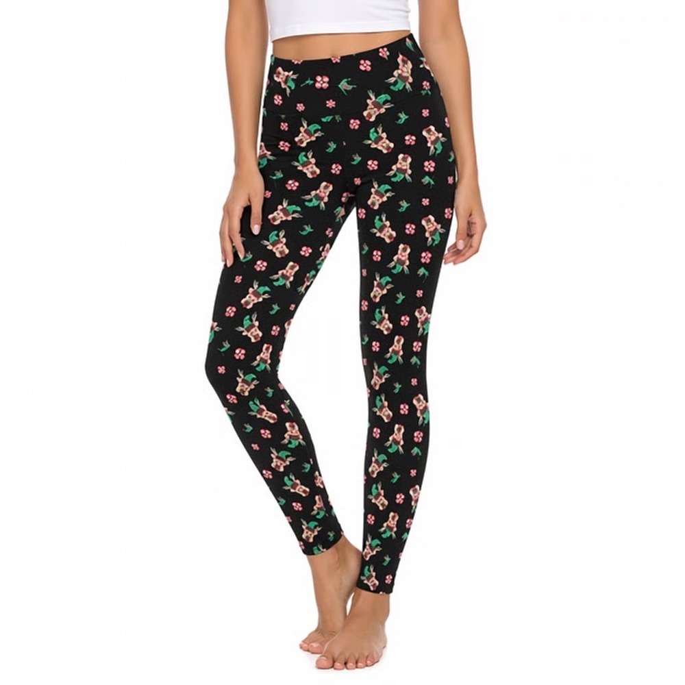 With Love Derek Holiday Leggings Women L Black Reindeer Peppermint Candy Stretch